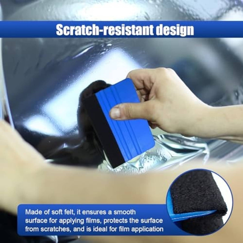 Blue plastic scraper with black felt pad for smooth, scratch-resistant edges