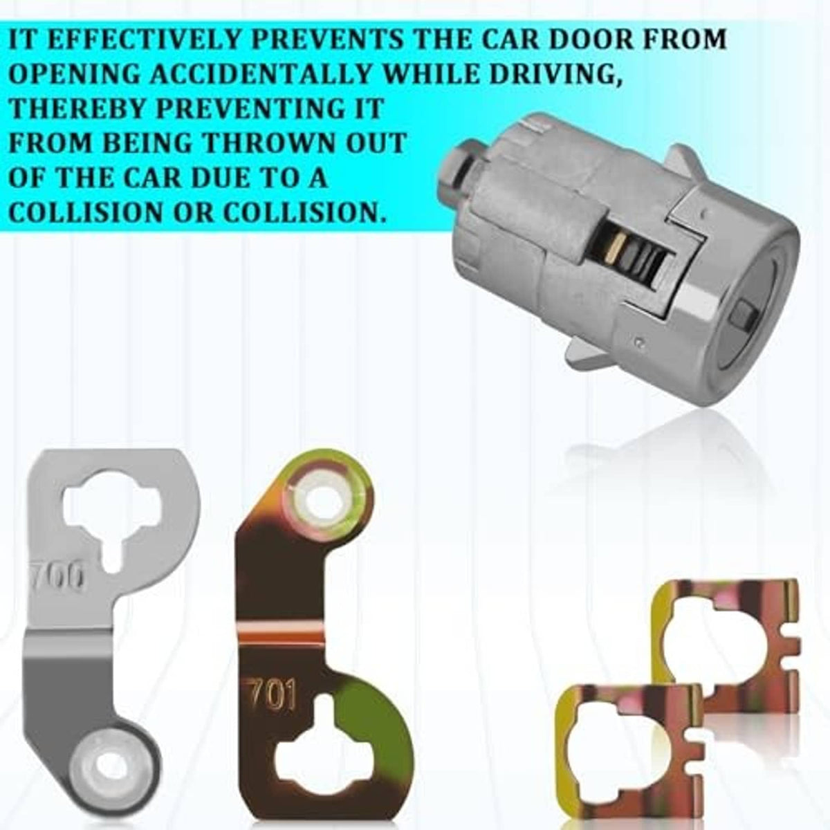 Silver door lock cylinder with two black keys and metal key cutouts
