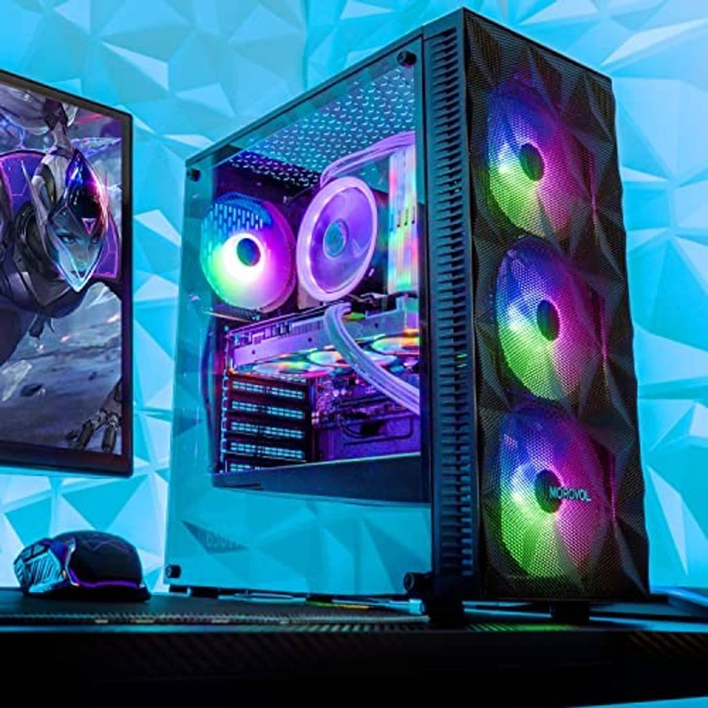 ATX PC case with four RGB fans lit inside, faceted tempered-side panel