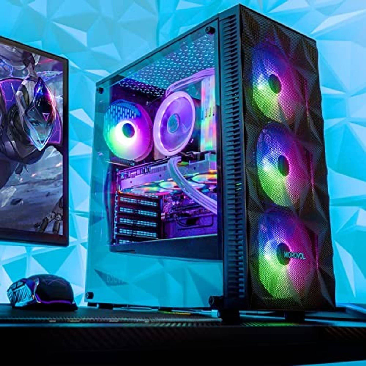 ATX PC case with four RGB fans lit inside, faceted tempered-side panel