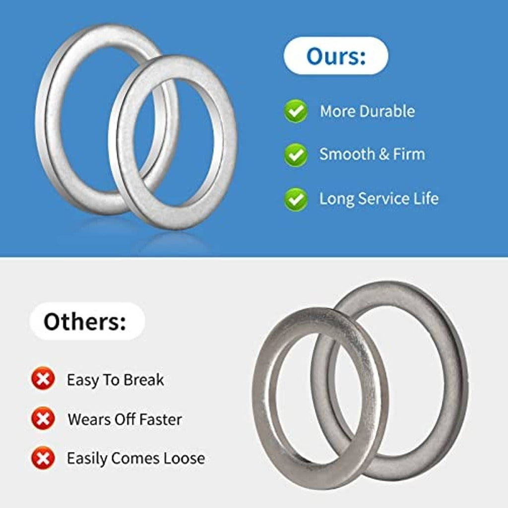 Two metal crush washer gasket rings, silver, shown side by side