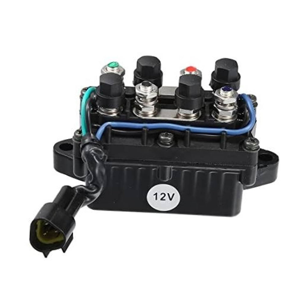 Black 12V outboard trim relay assembly with four terminals and 3-pin connector