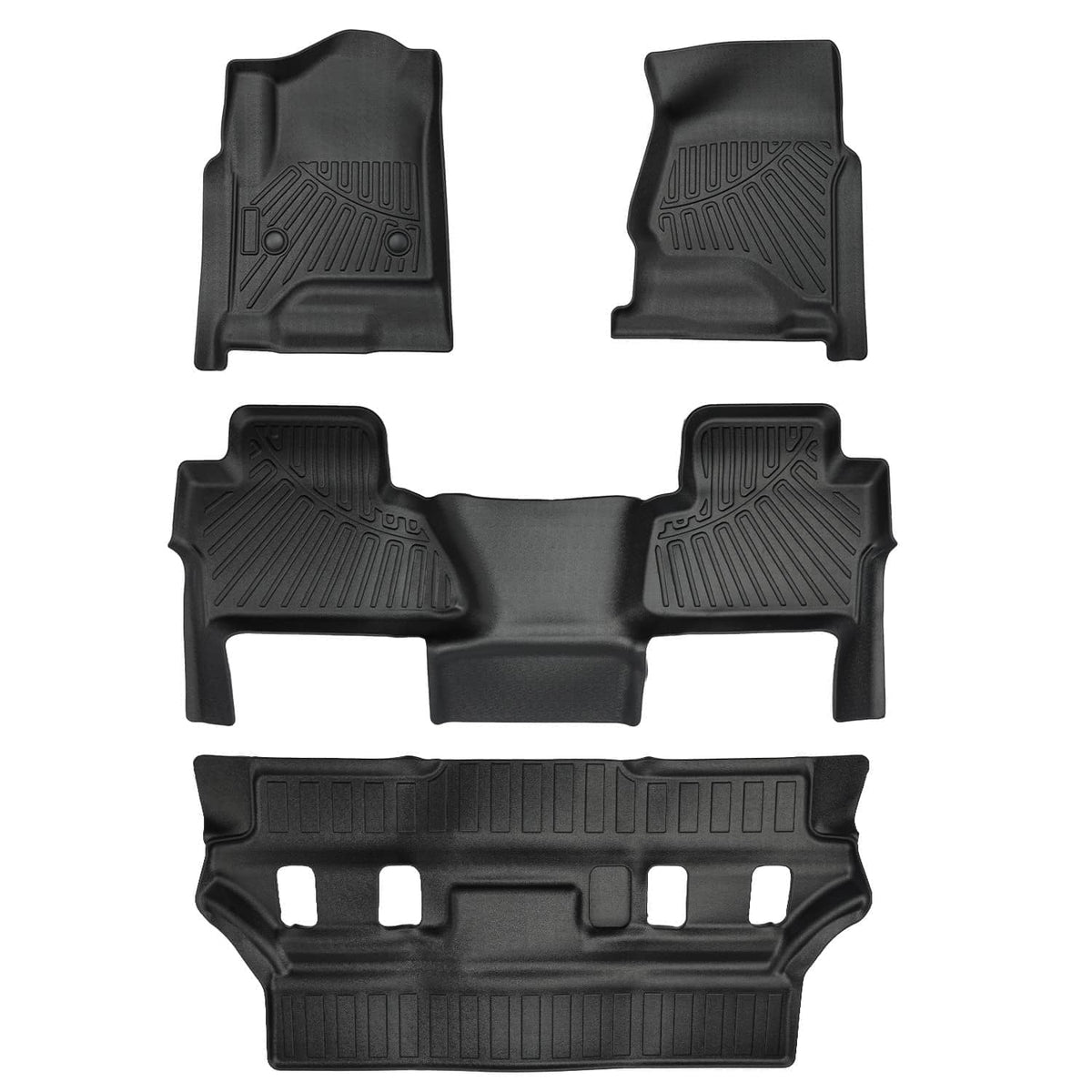Set of black floor mat liners with front and rear sections and mounting cutouts
