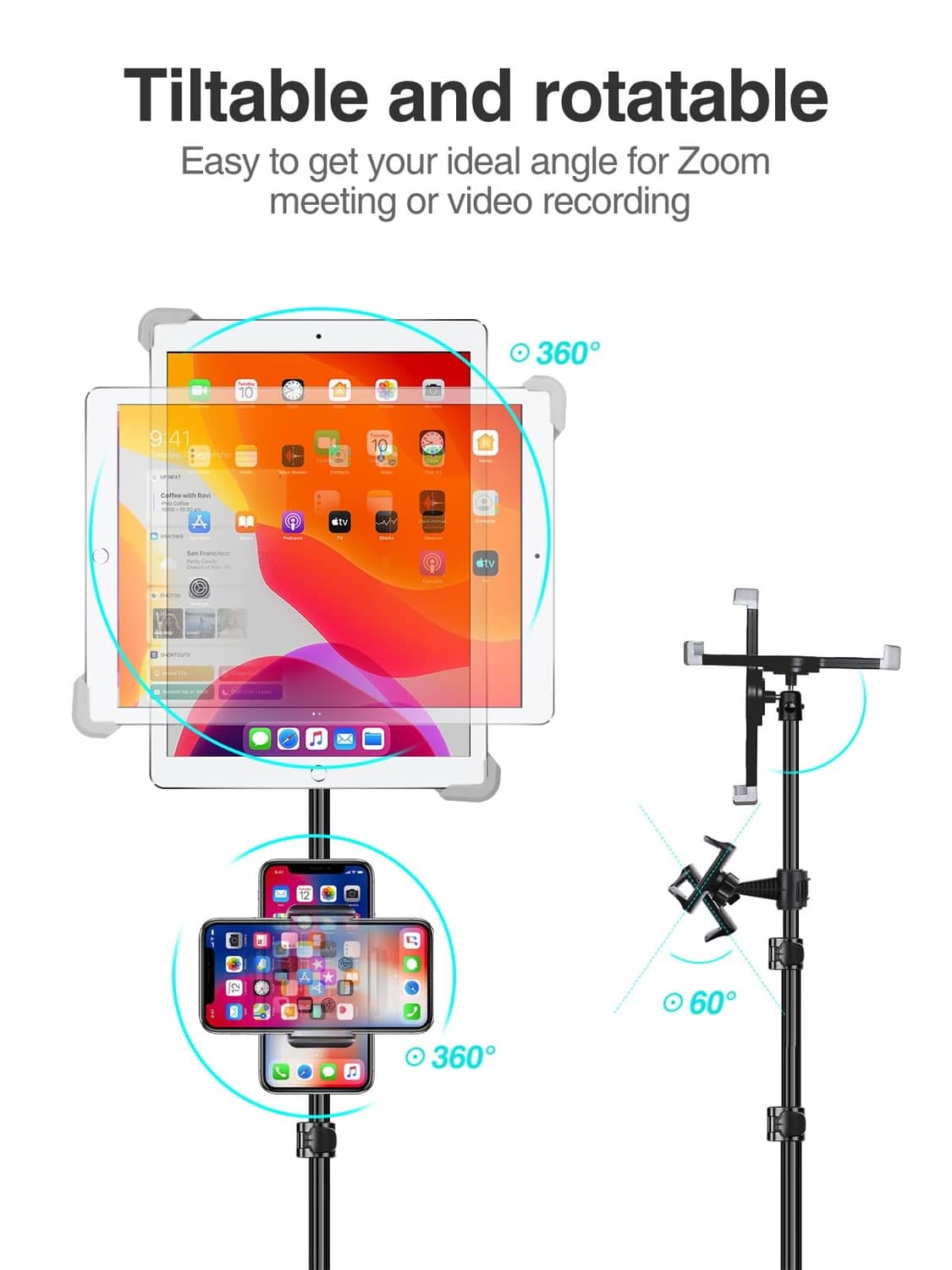 Tiltable and rotatable iPad tripod stand with adjustable device mounts