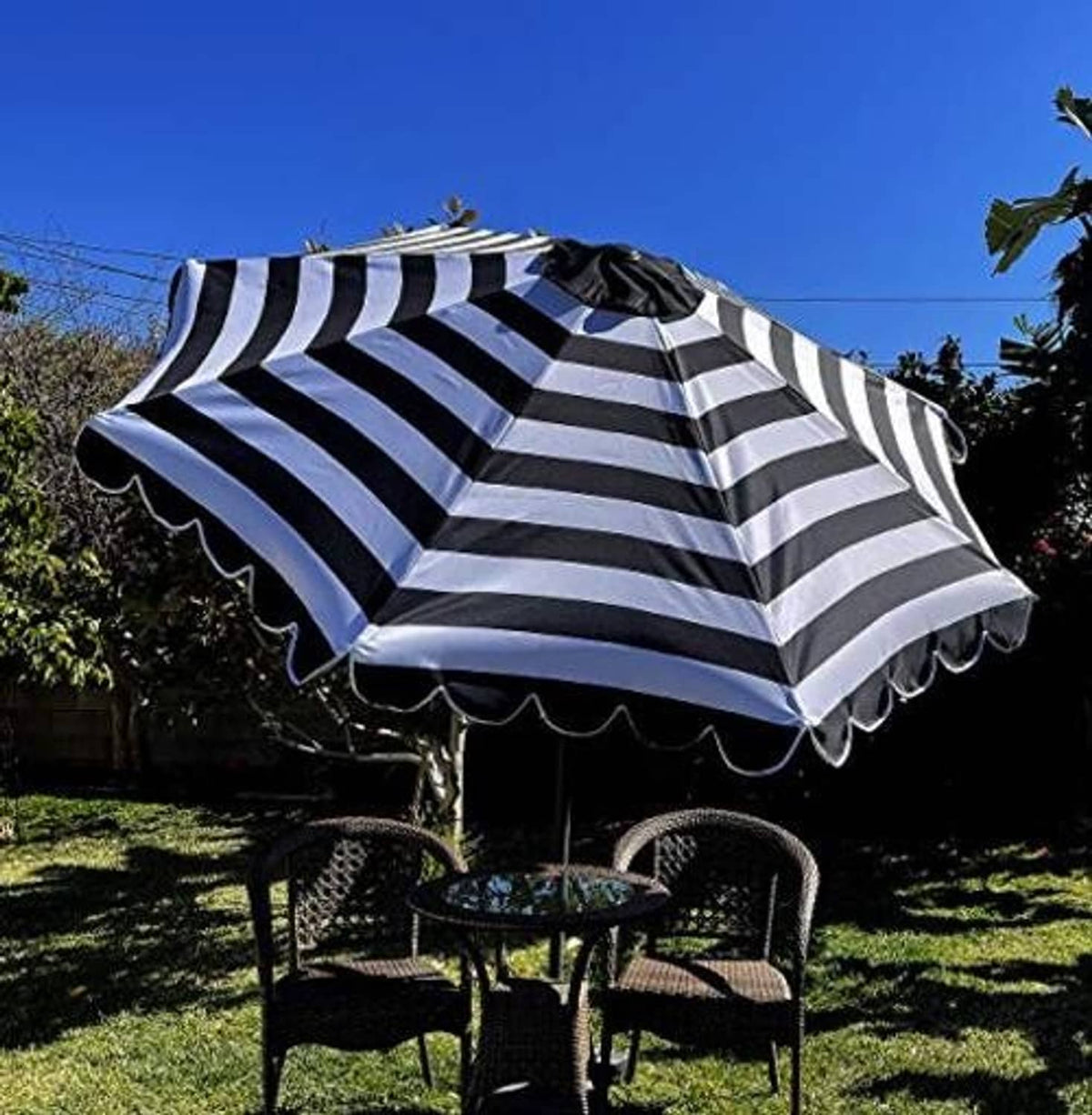 Black and white striped umbrella canopy with scalloped edge replacement cover