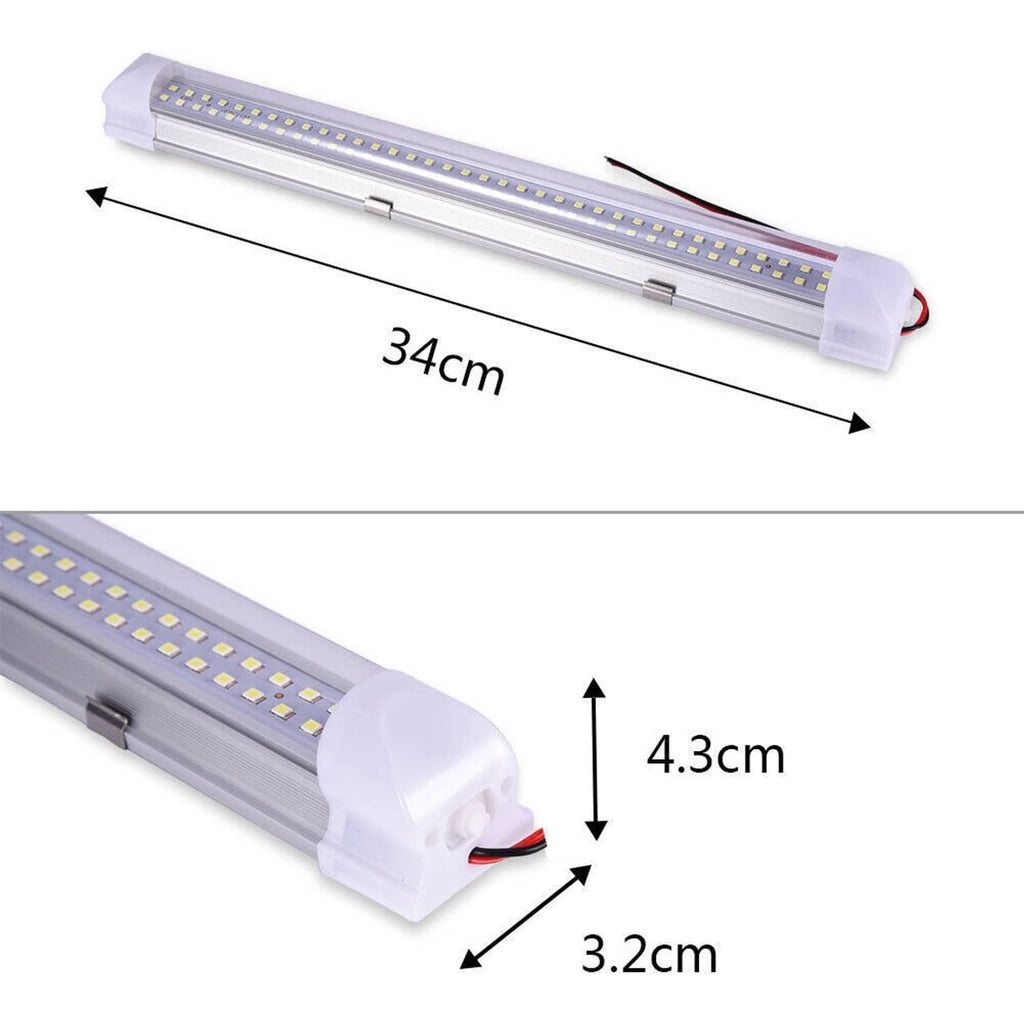 12V LED light bar with white end caps and red/black wires, 34cm long