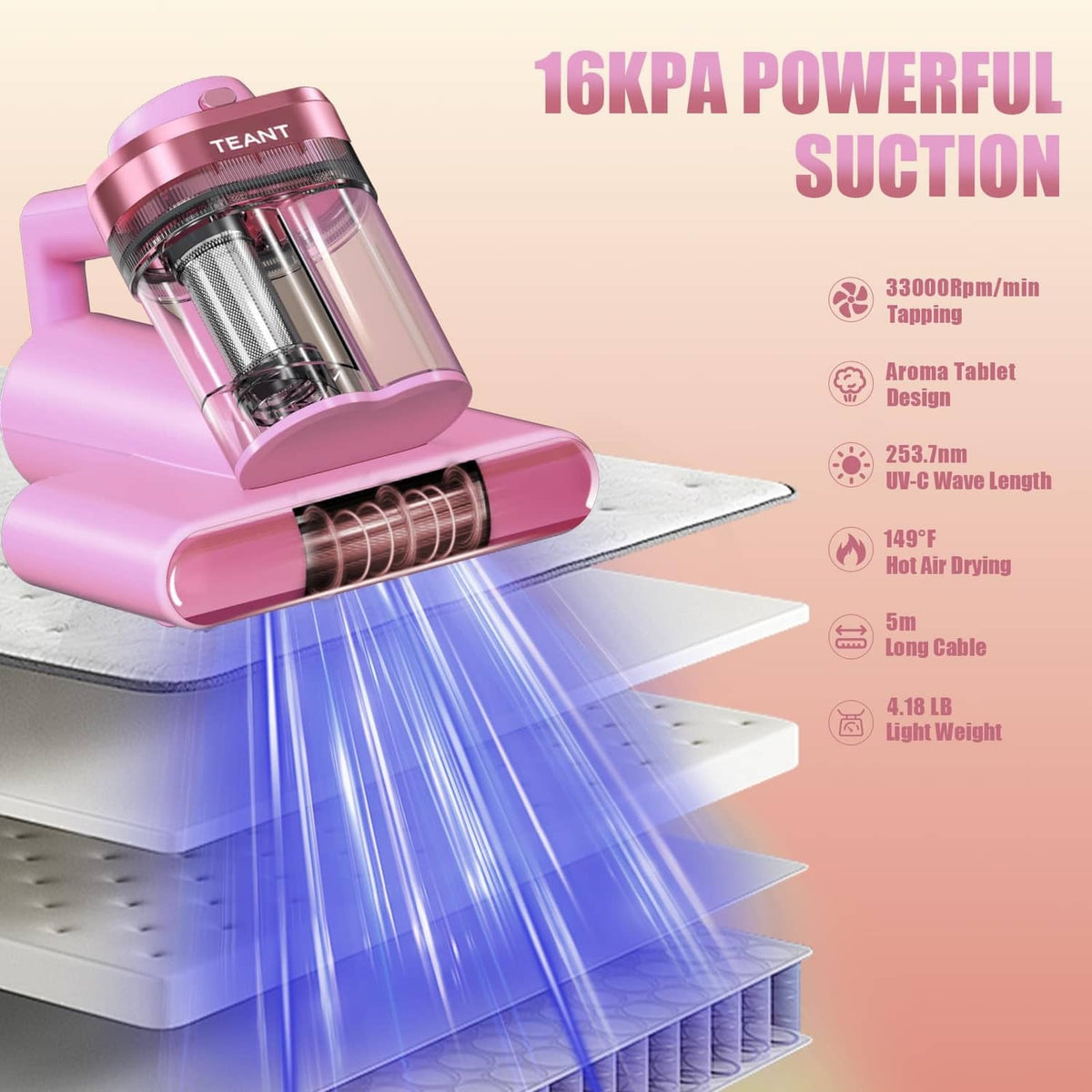 Pink bed vacuum cleaner with rotating roller brush and clear canister