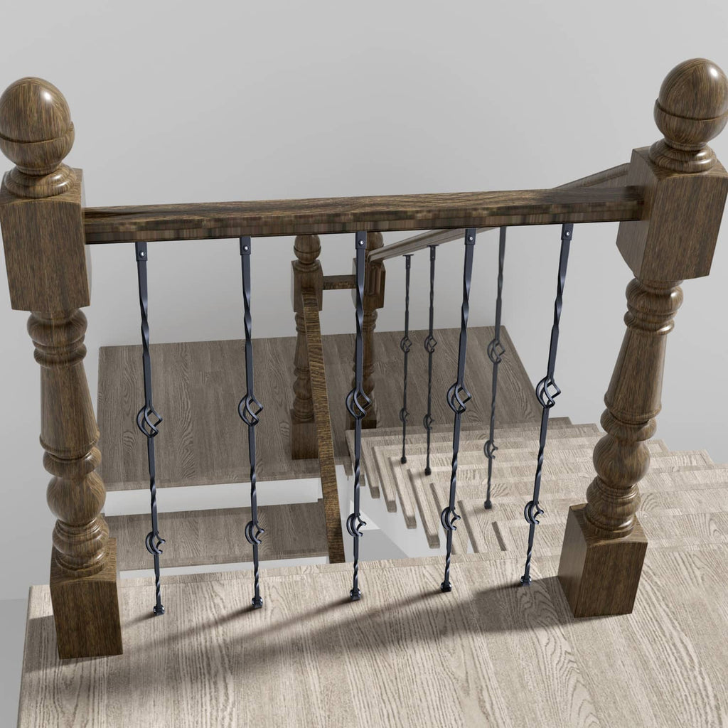 Black steel deck balusters with double-basket links on wood posts for stair railing