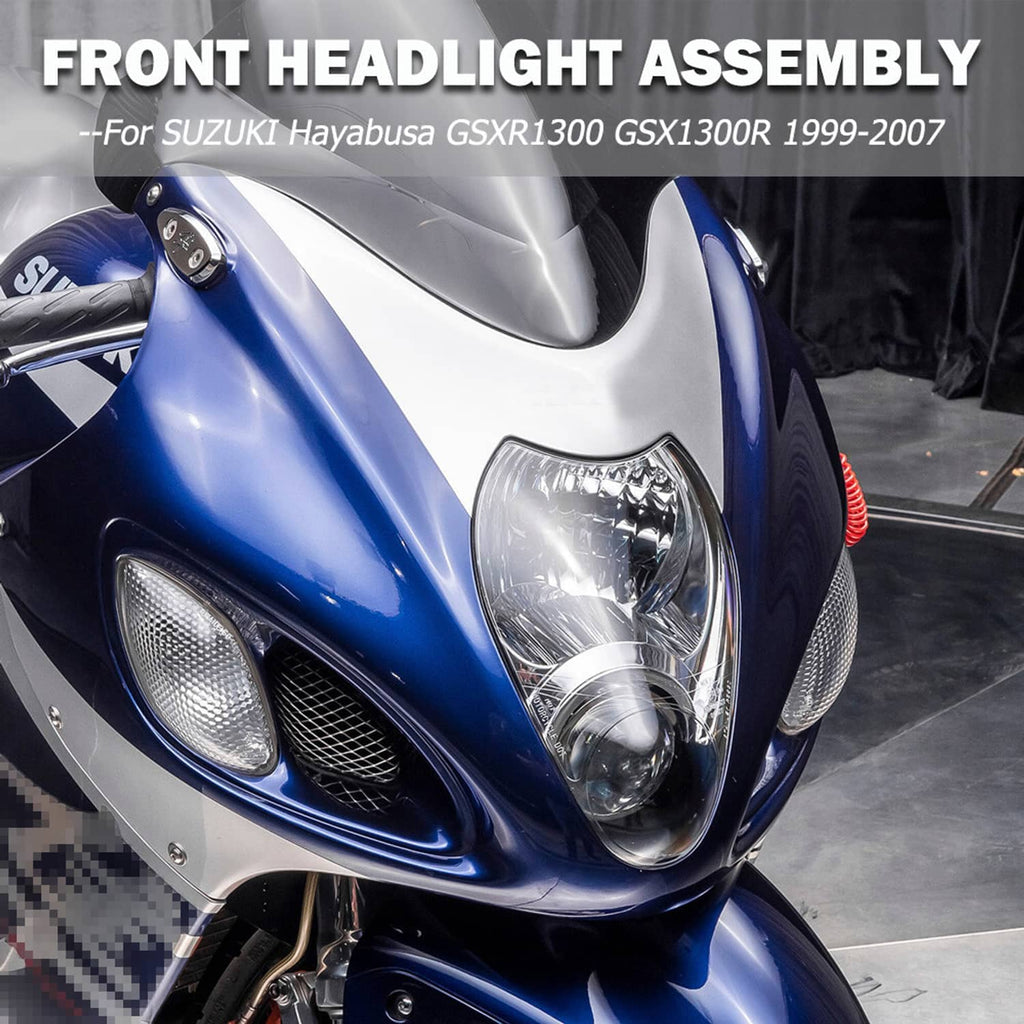 Motorcycle front headlight assembly with clear lens, used on sport bike