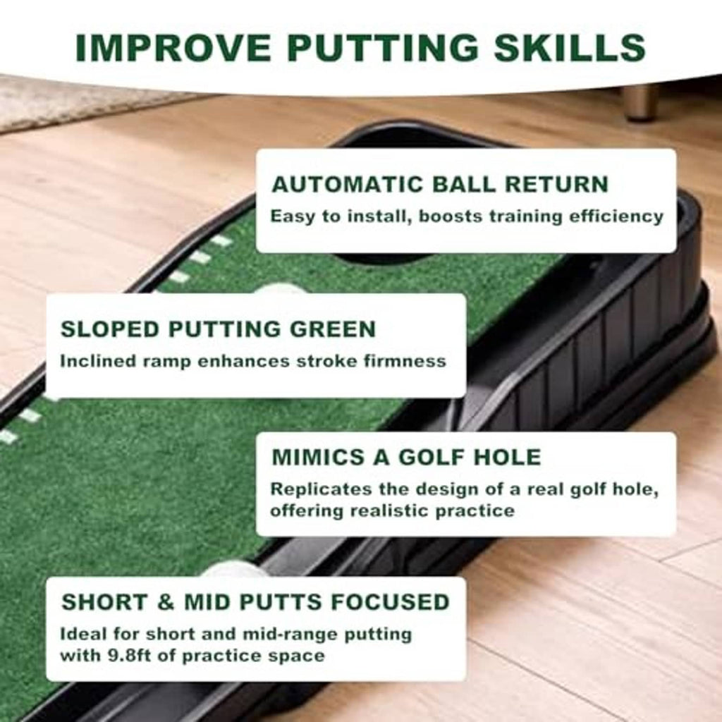Green golf putting mat with ball-return track and sloped ramp for practice