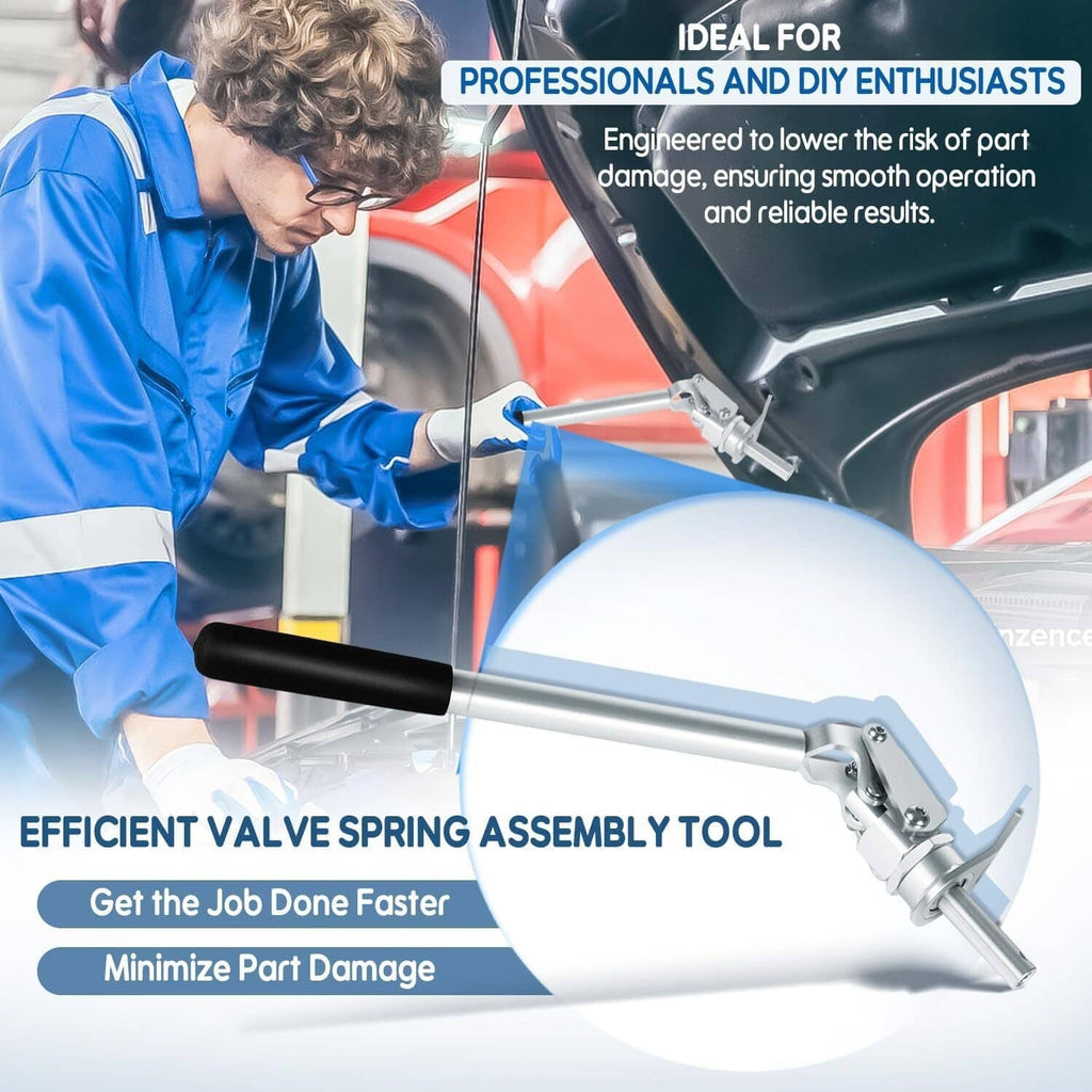 Valve spring compressor tool in use on engine, with long handle and silver press head