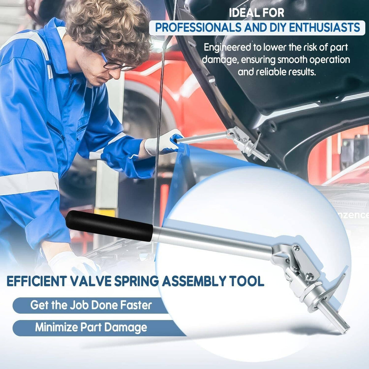 Valve spring compressor tool in use on engine, with long handle and silver press head