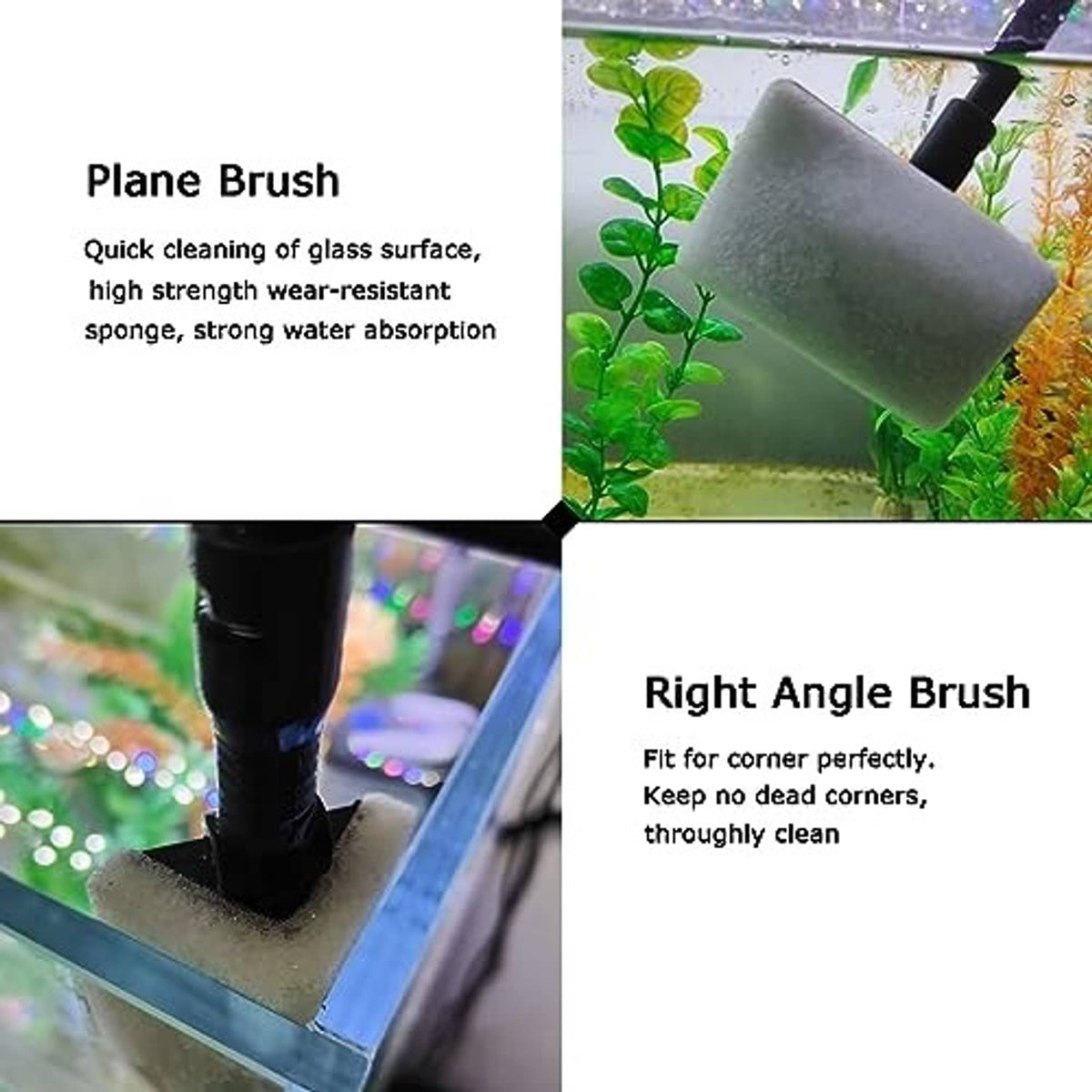 Fish tank brush set with plane brush and right-angle brush heads on a long handle