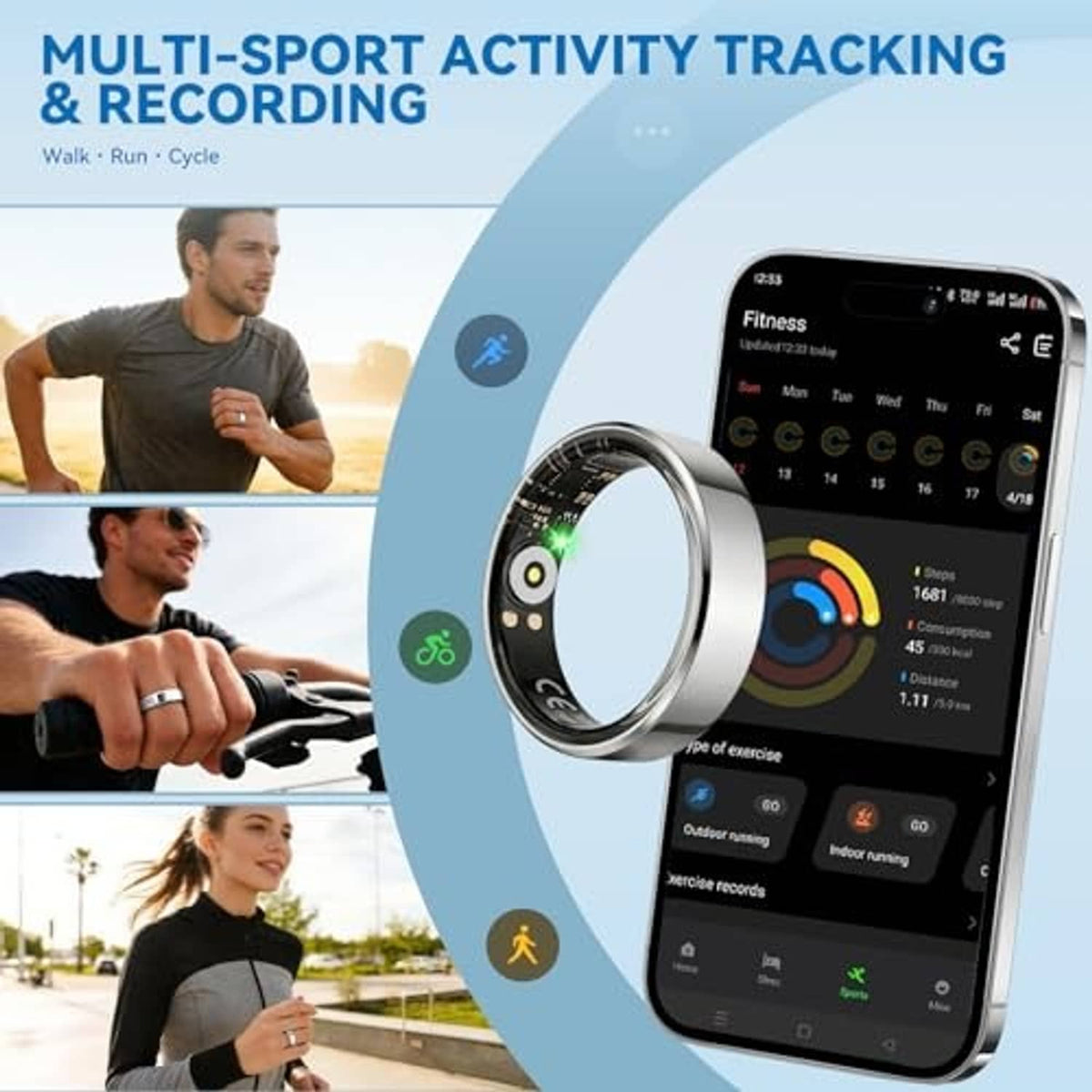 Silver-tone smart fitness tracker ring with multi-sport activity screen on smartphone