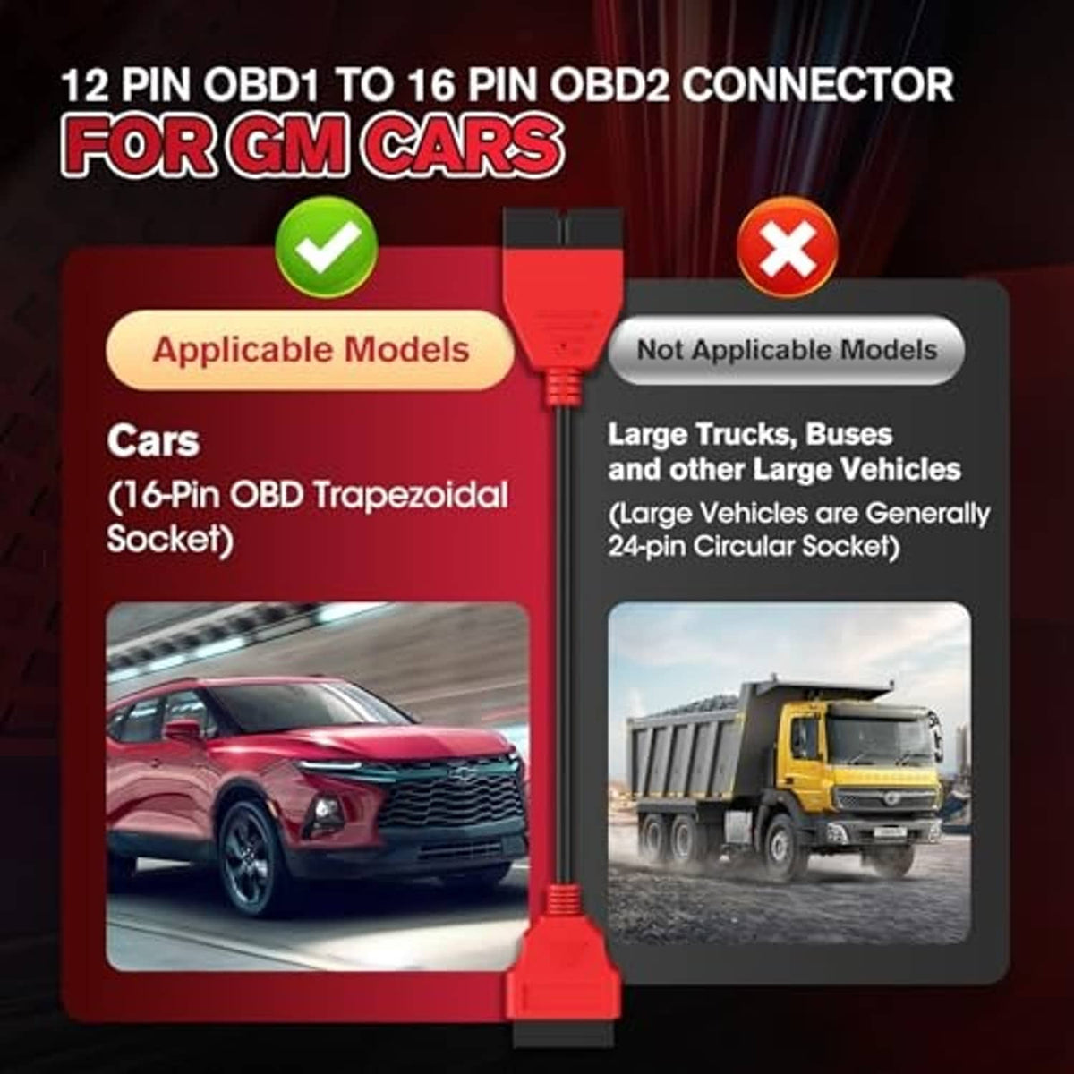 Red OBD adapter cable with black connector ends for 12-pin to 16-pin conversion
