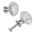 Acrylic diamond cabinet knob with chrome base and screw, clear faceted top.