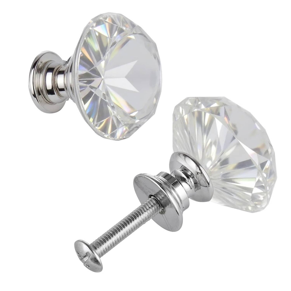 Acrylic diamond cabinet knob with chrome base and screw, clear faceted top.