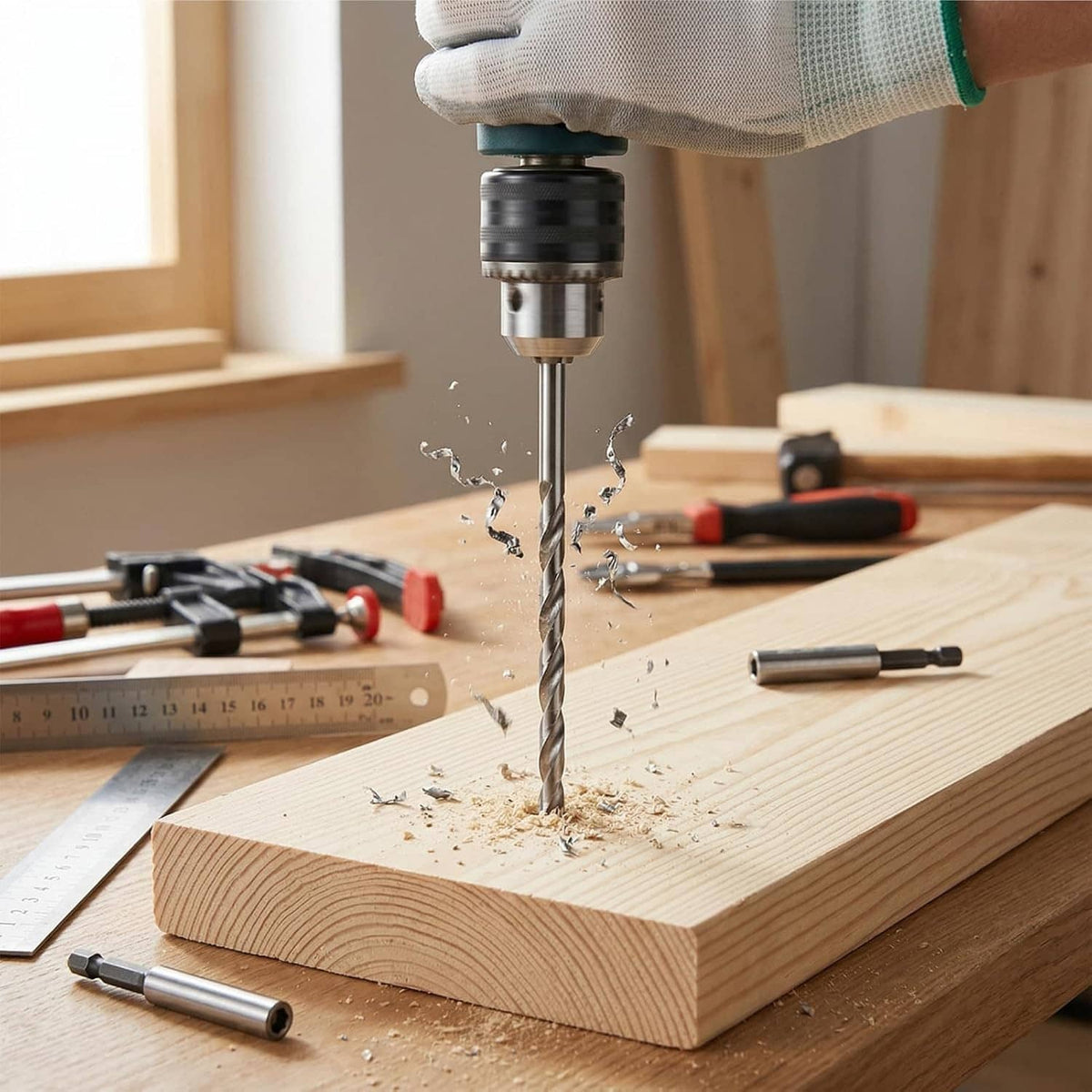 Spiral twist drill bit drilling into wood, chips and shavings falling