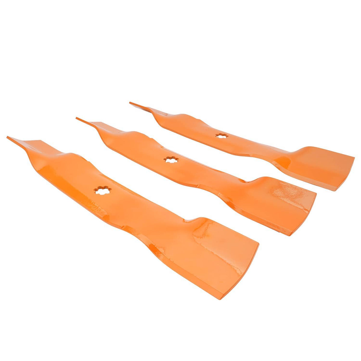 Orange mower deck blades with curved cutting ends and center holes