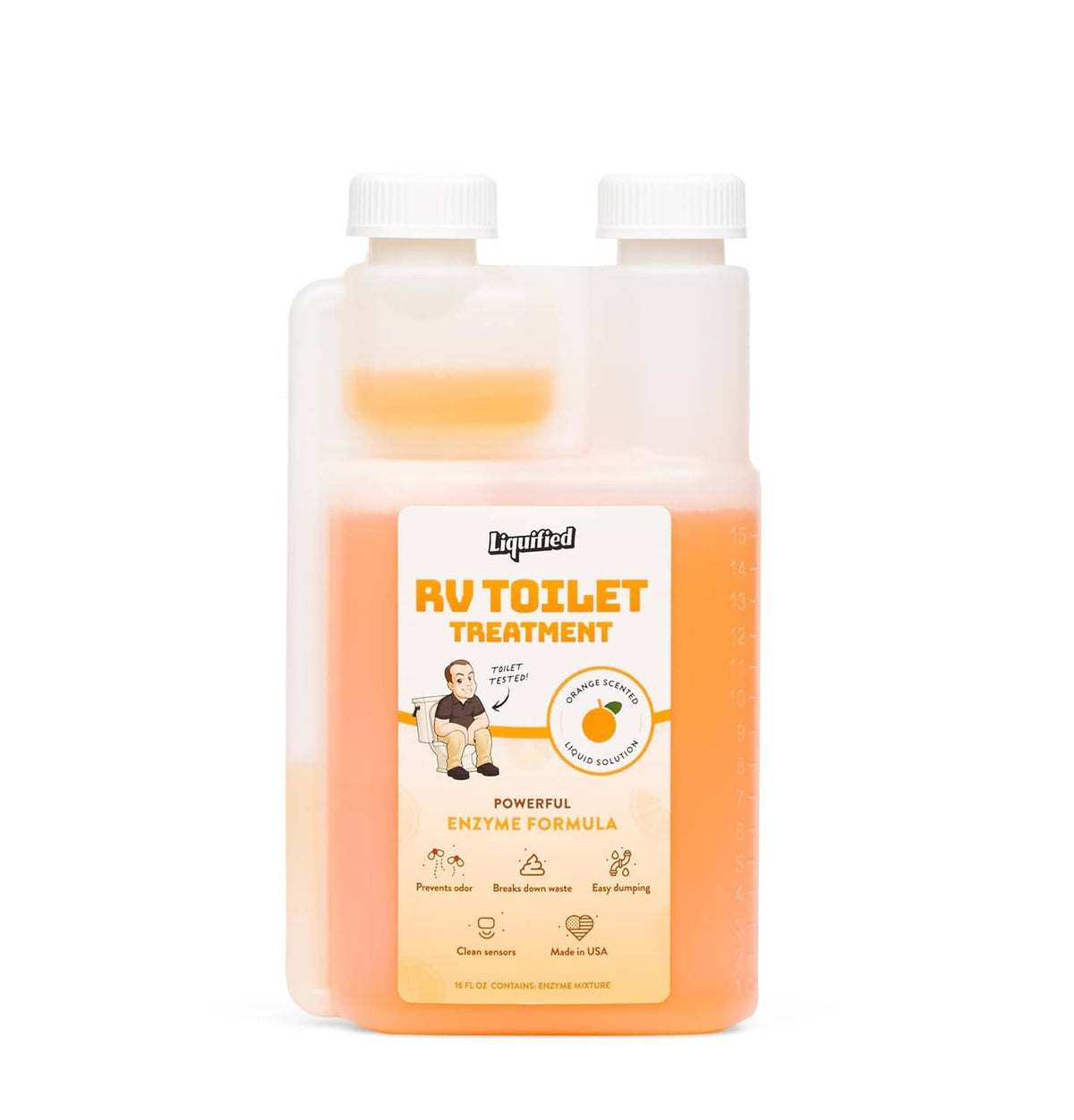 Liquified RV toilet treatment bottle with orange liquid, 16 fl oz, white cap