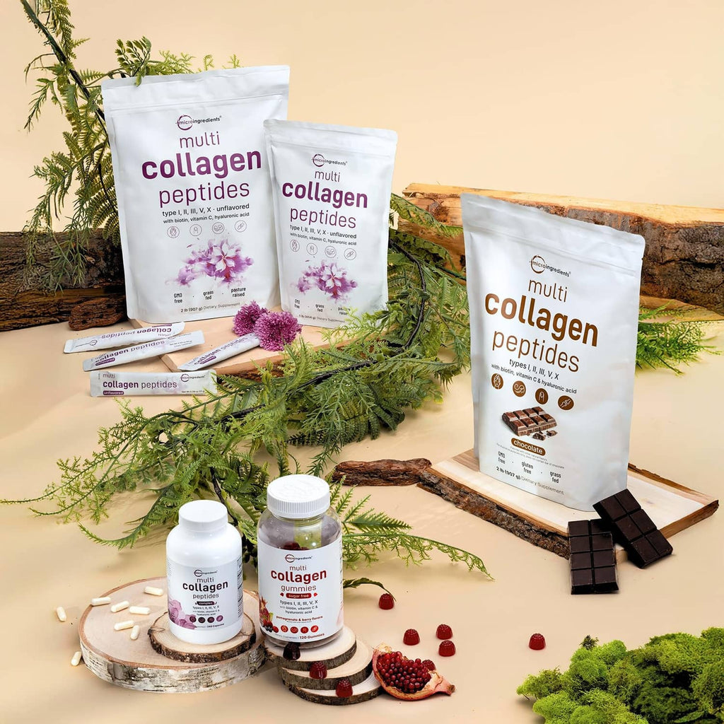 Multi collagen peptides powder pouches and supplement bottles with dark chocolate pieces