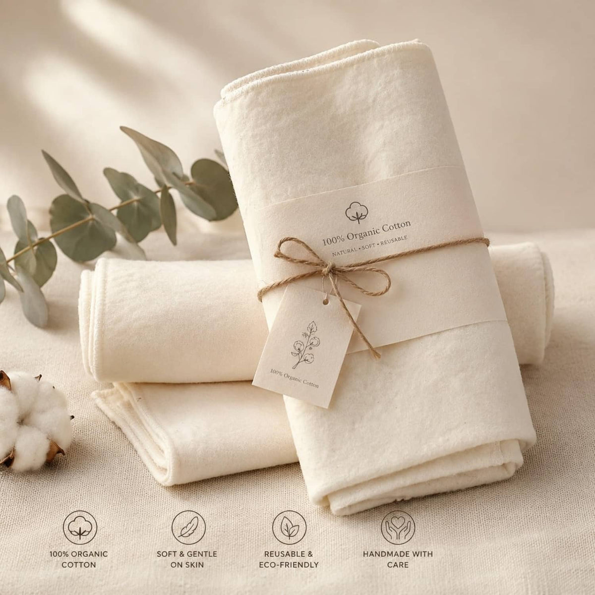 Stack of white organic cotton flannel wraps with ribbon-tied paper tag