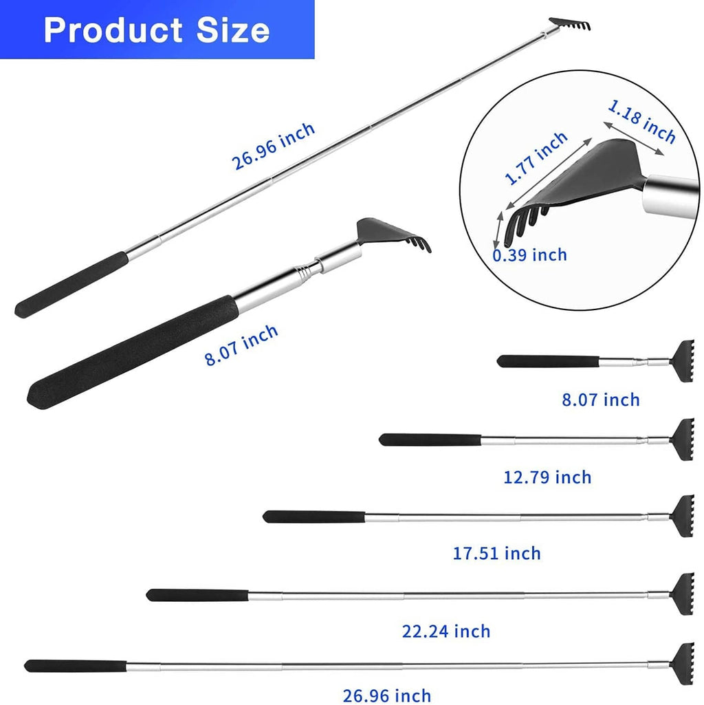 Extendable stainless steel back scratcher with black foam handle and dual comb head