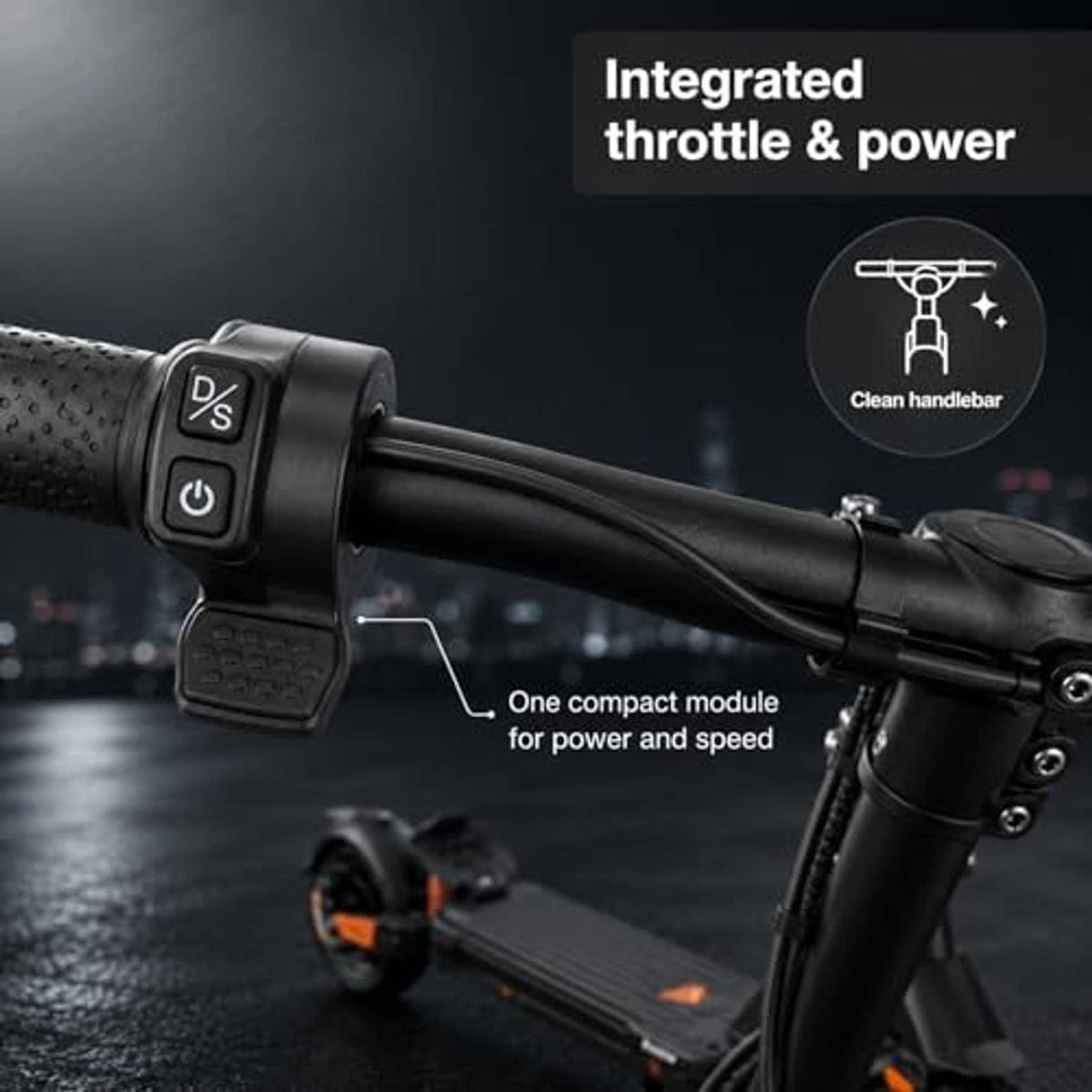 Black integrated throttle and power control mounted on a handlebar with cable