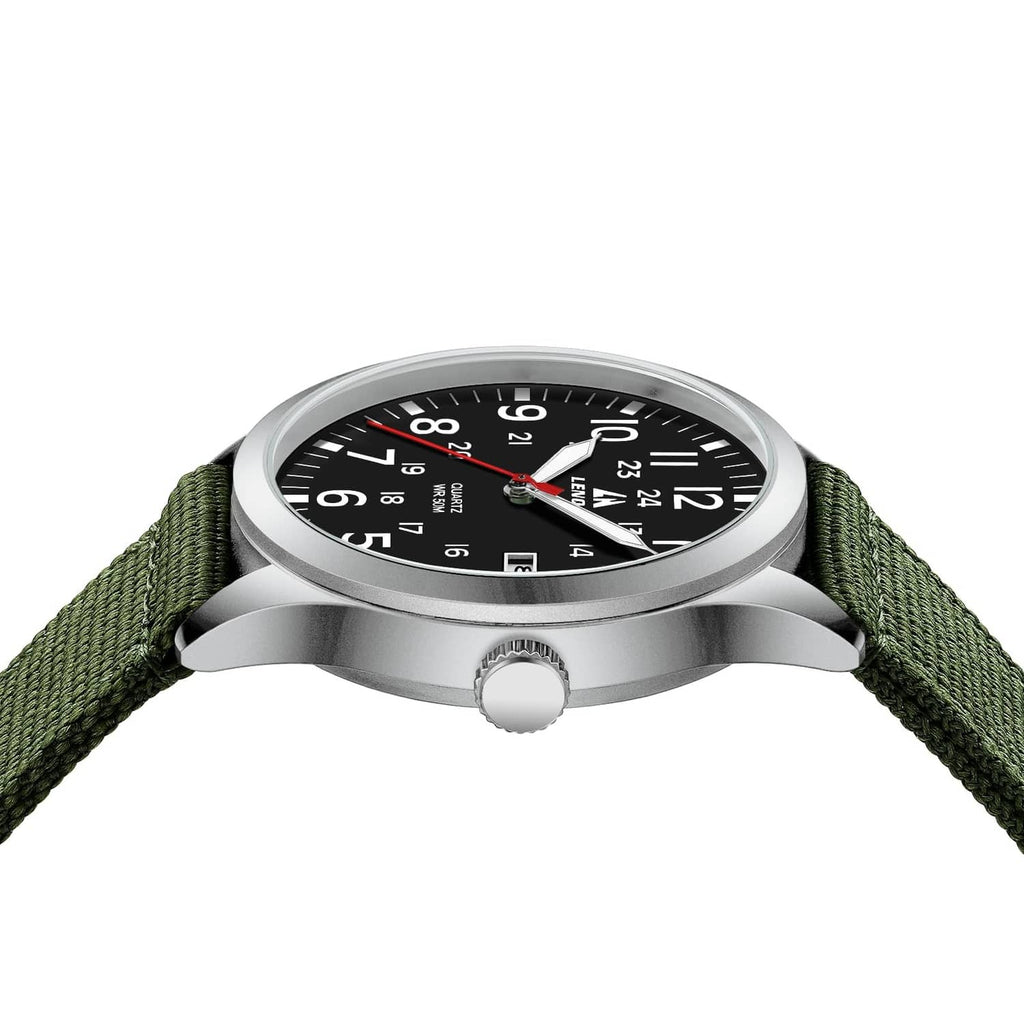 Men's military sport analog watch side view, silver case, black dial, green woven strap