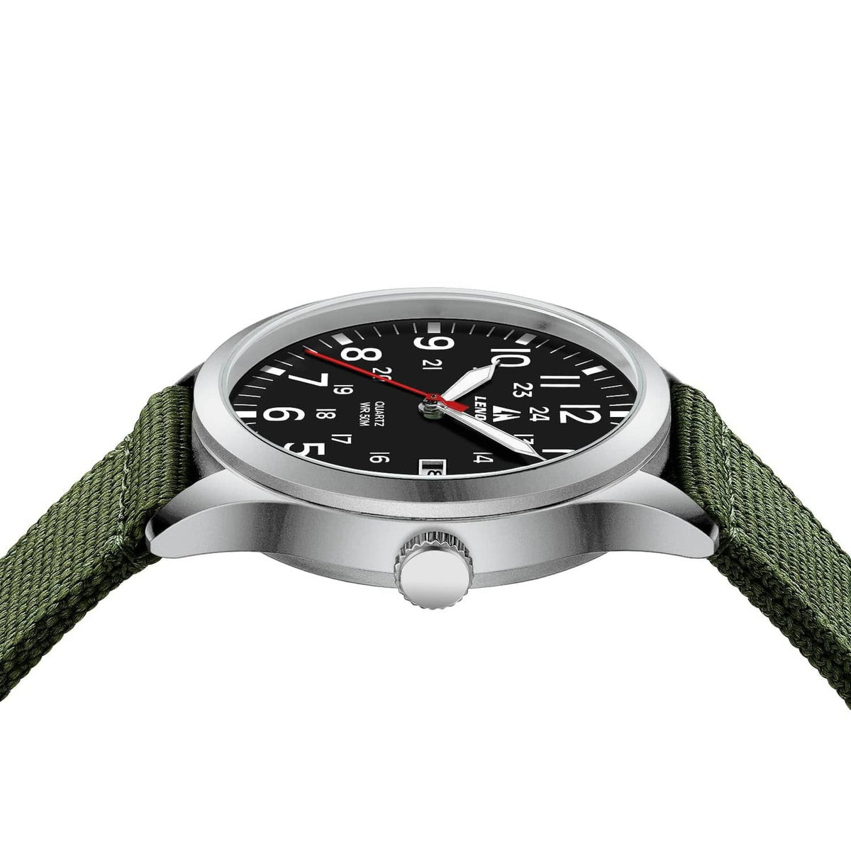 Men's military sport analog watch side view, silver case, black dial, green woven strap