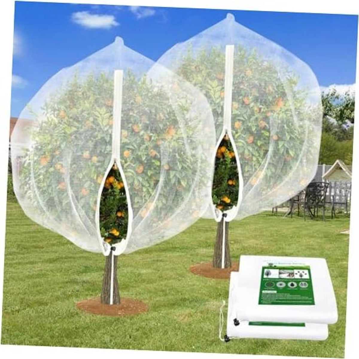 Two-layer fruit tree netting covers with drawstring and zipper, draped over a fruit tree