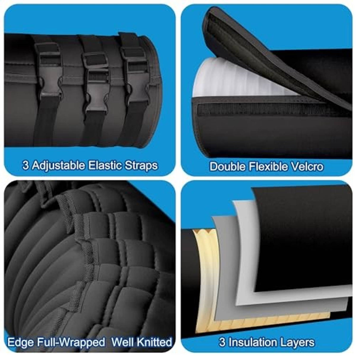 Black AC hose insulation sleeve with multiple adjustable elastic straps and layered padding