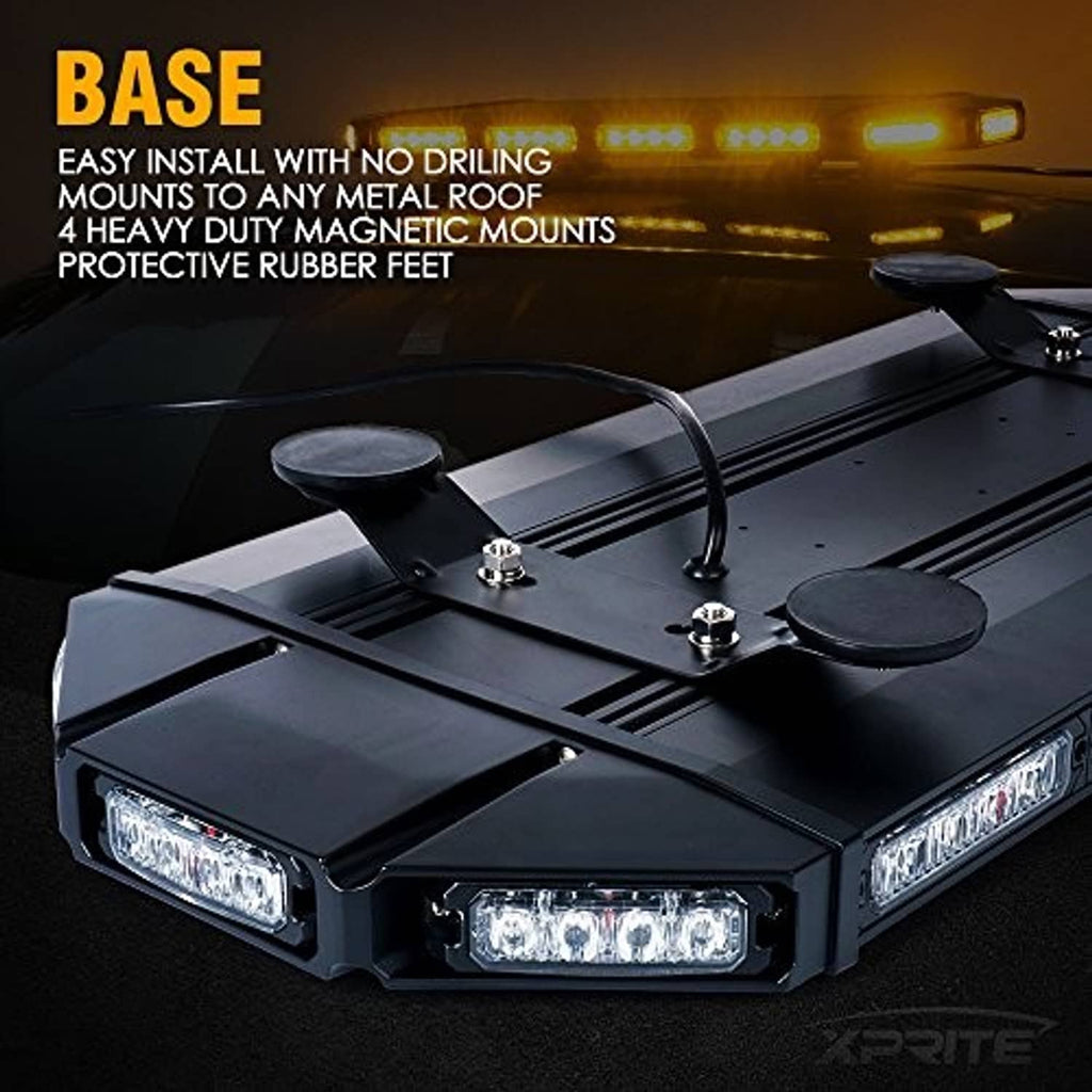 Amber LED strobe light bar base with four magnetic mounts and rugged rubber feet