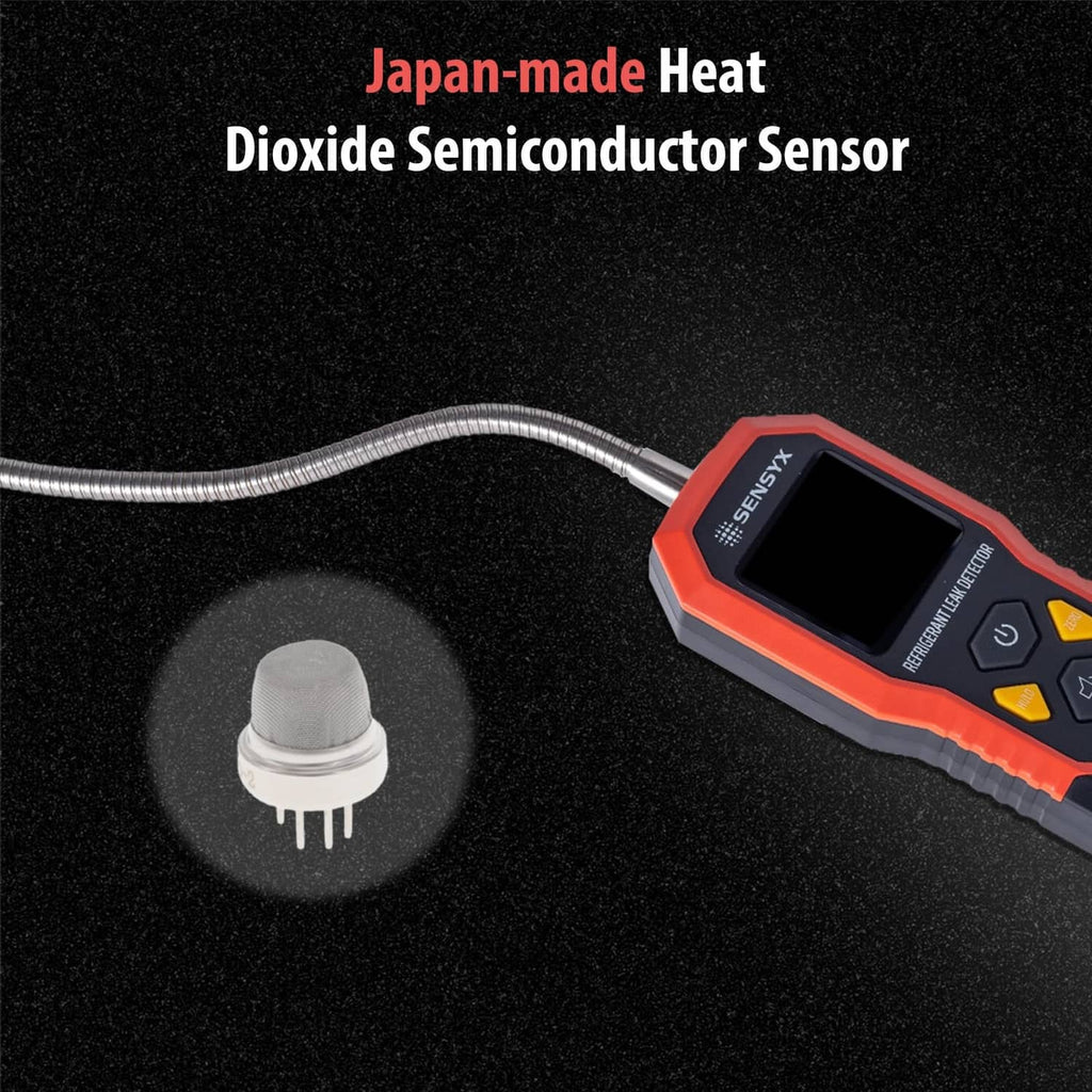 Handheld refrigerant leak detector with flexible metal probe and LCD screen
