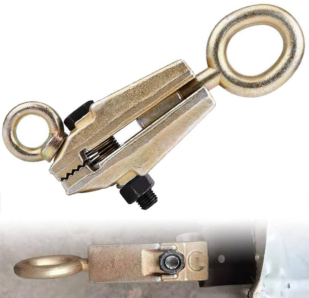 Auto body pull clamp tool with ring hook and screw mechanism, gold metal construction.