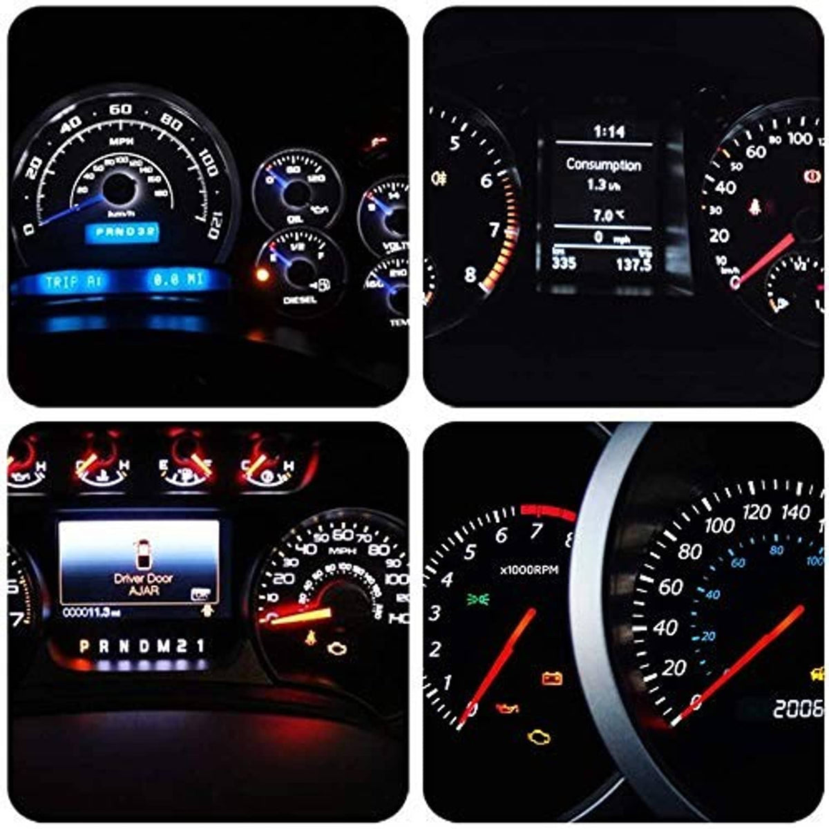 LED cluster bulbs in use, bright white light on gauge display