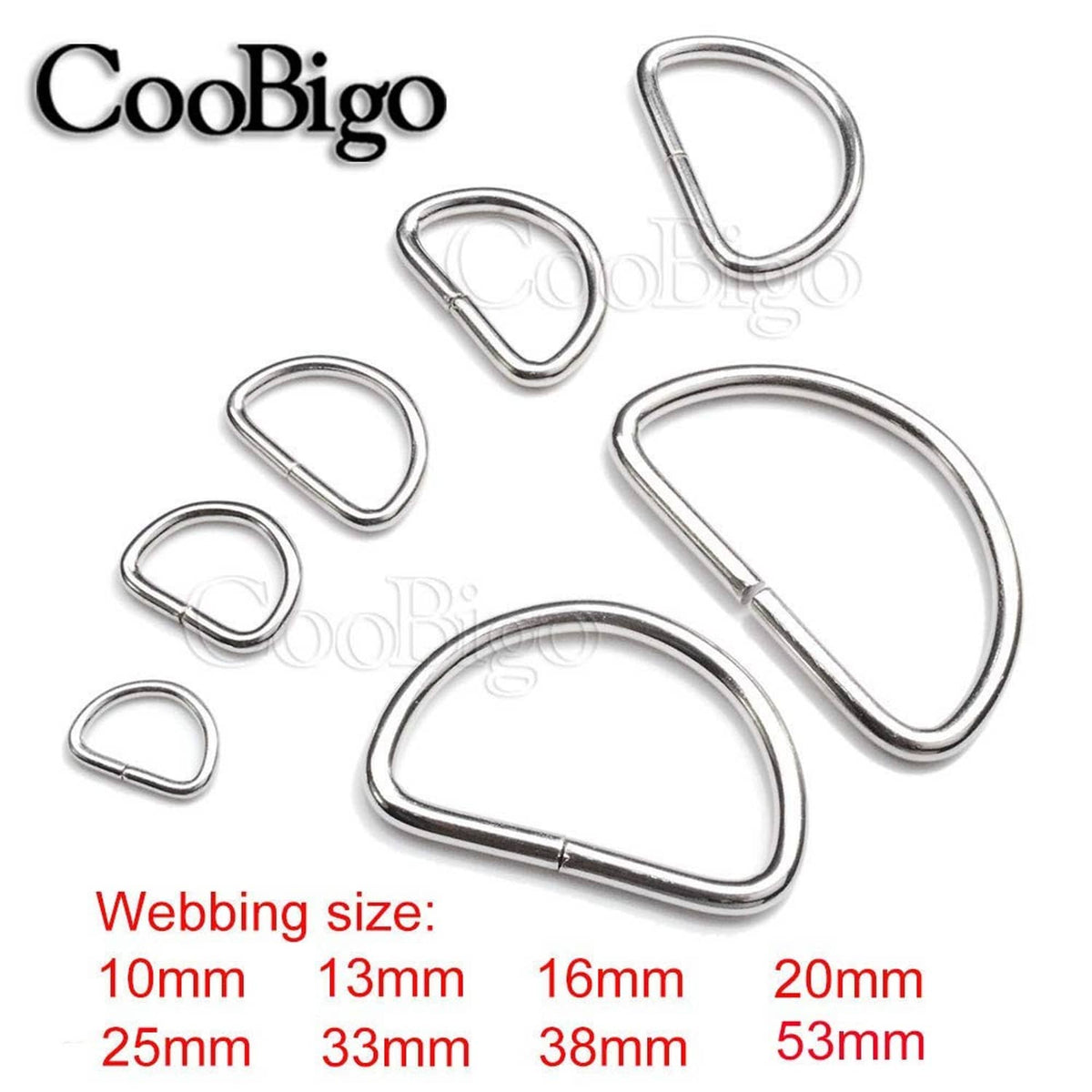 Assorted silver metal D-rings for webbing, sizes 10–53 mm