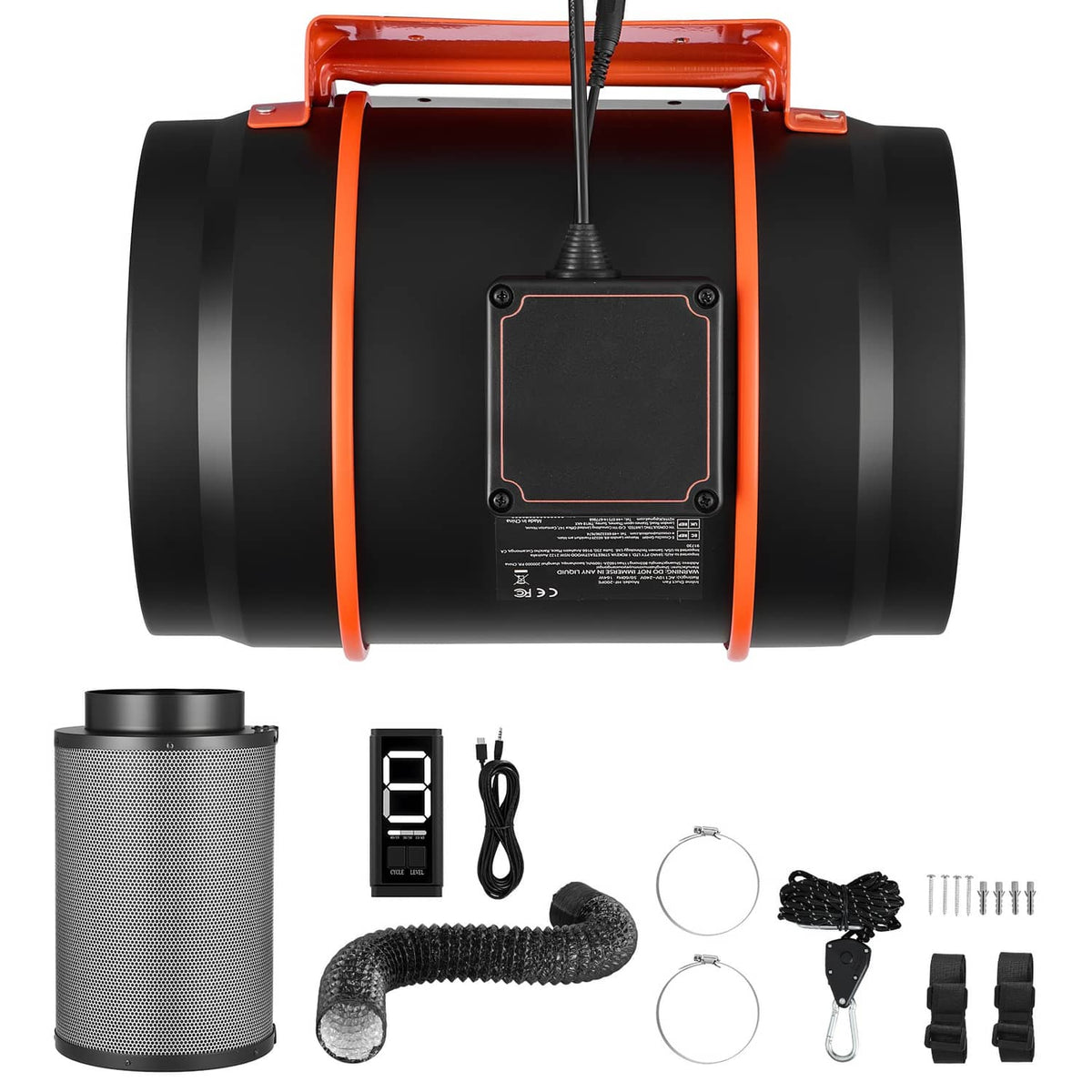 8-inch inline duct fan kit with EC motor, orange controller, and ducting accessory set