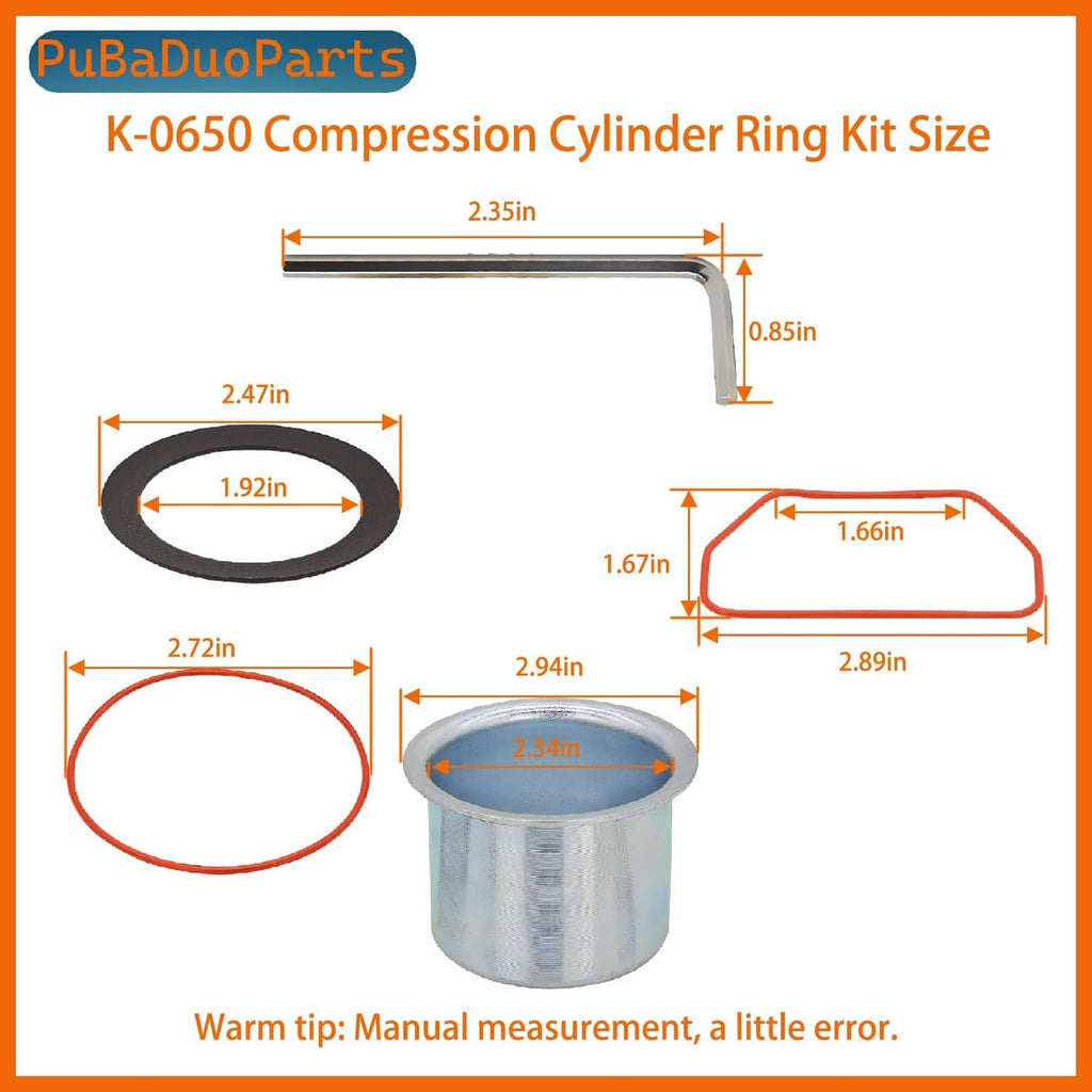 Air compressor compression ring kit with metal cylinder sleeve, gasket, O-ring, and wrench