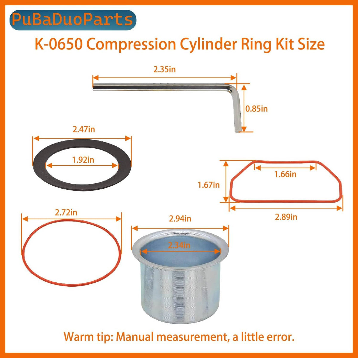 Air compressor compression ring kit with metal cylinder sleeve, gasket, O-ring, and wrench