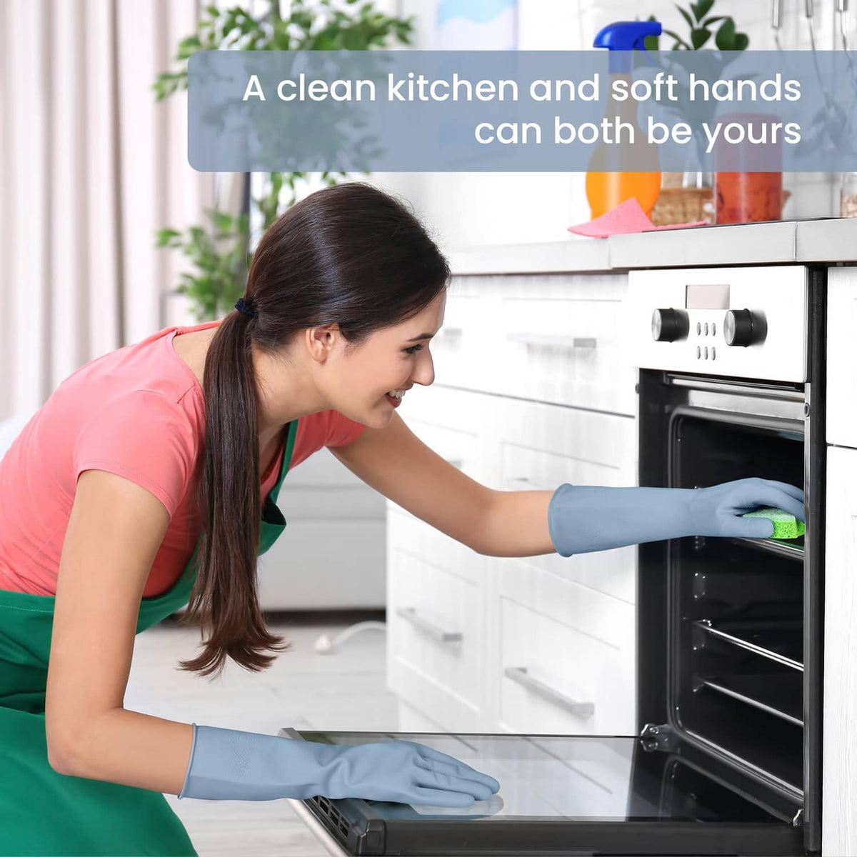 Light blue rubber dishwashing gloves with textured palms, used for kitchen cleaning