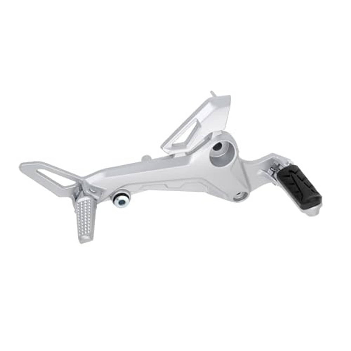 Silver right-side motorcycle footrest assembly with black rubber pedal, side view