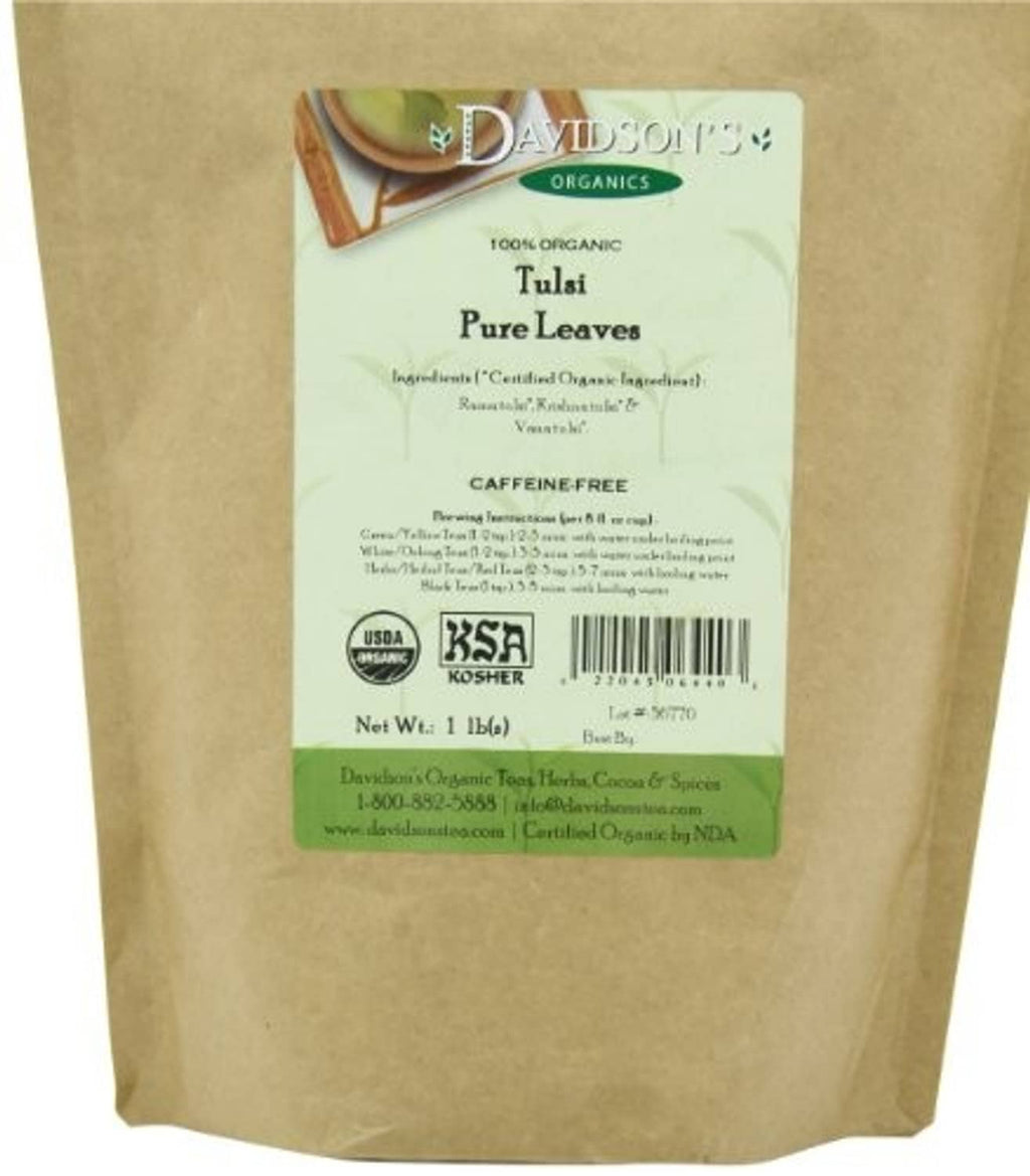 Tulsi pure leaves tea pouch label, caffeine-free, USDA organic, 1 lb net weight.
