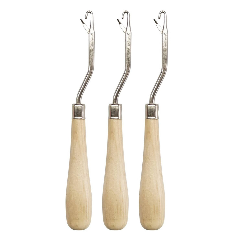 Three-piece latch hook tools with bent silver hooks and light wood handles