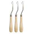 Three-piece latch hook tools with bent silver hooks and light wood handles