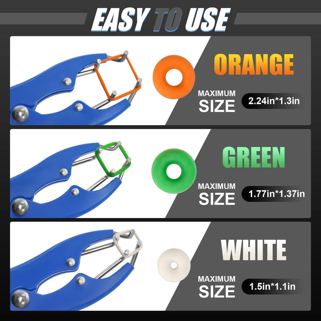 Blue elastrator pliers with orange, green, and white rubber stretch rings