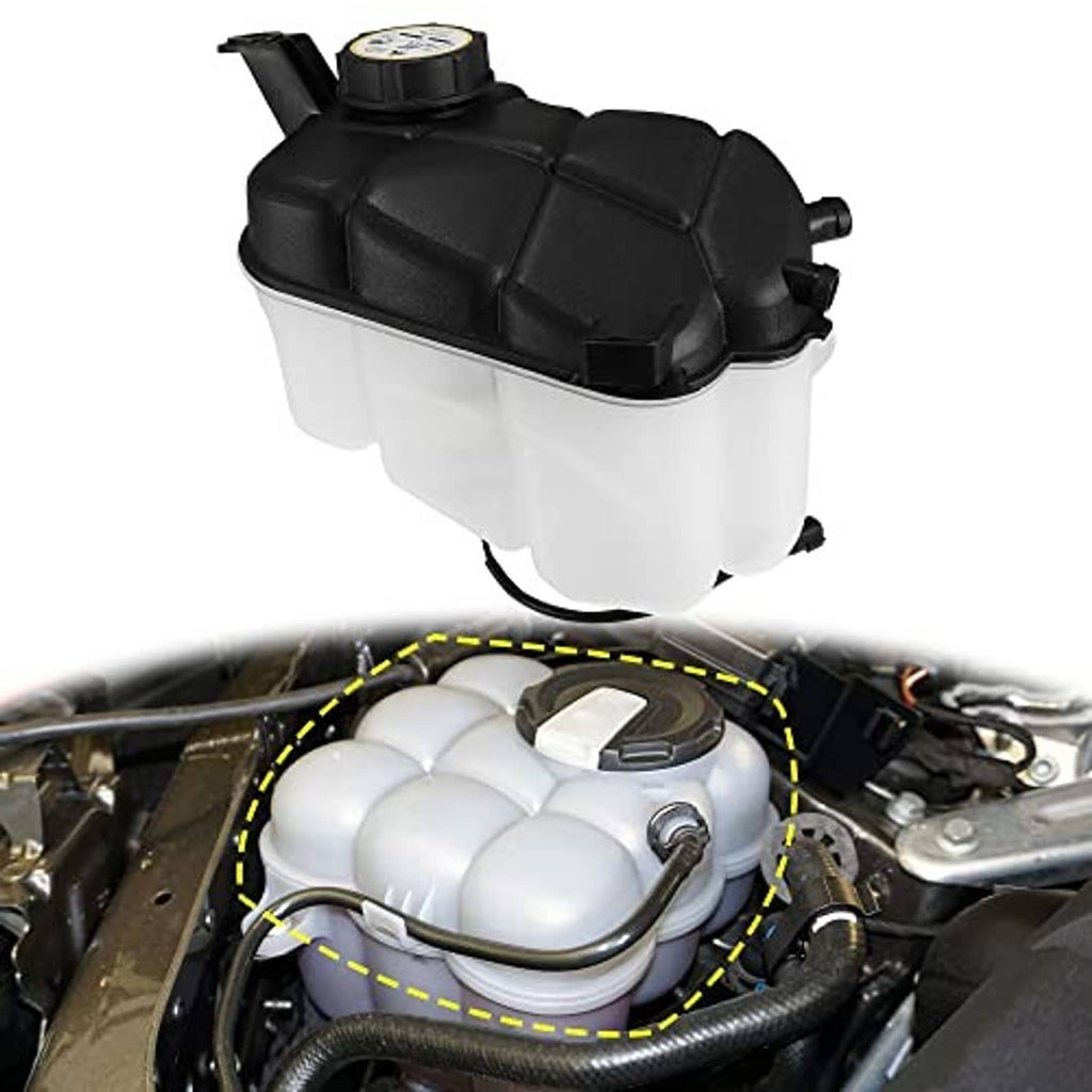 Coolant radiator reservoir tank with black top cover and white coolant reservoir, side outlet