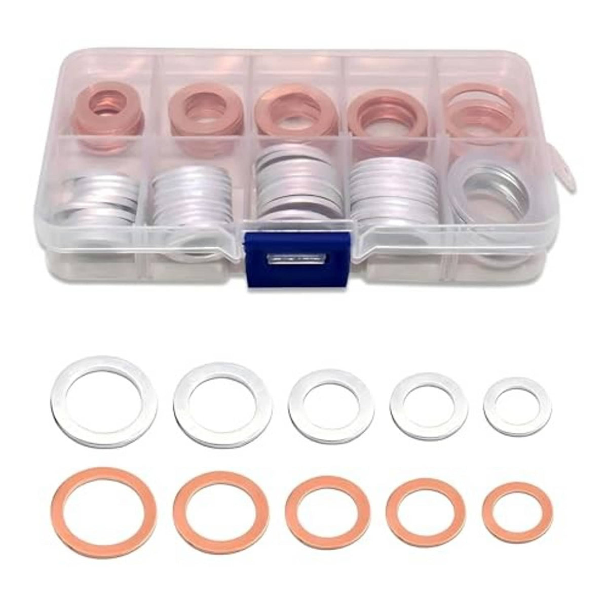 Assorted oil drain plug gasket washers kit with silver and copper rings, sorted in box