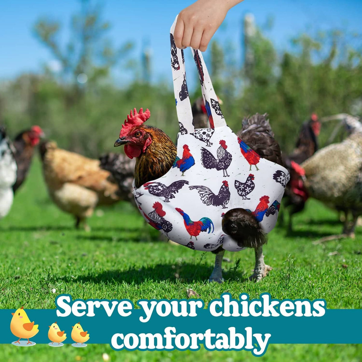 Chicken carrier tote, white with colorful chicken pattern, gripped by top handles