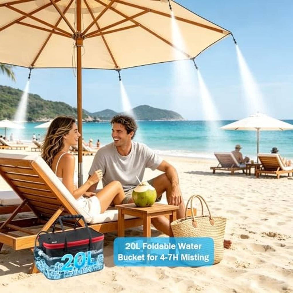 Portable 20L folding water bucket with mist sprayer near an outdoor umbrella